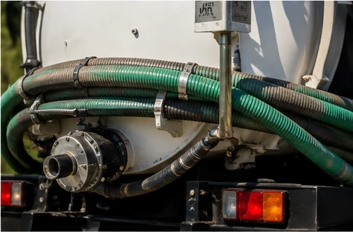 Detalle de equipo y mangueras de un camión limpia fosas M&R